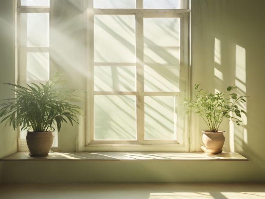Sunlit window with plant casting gentle shadows, peaceful indoor scene